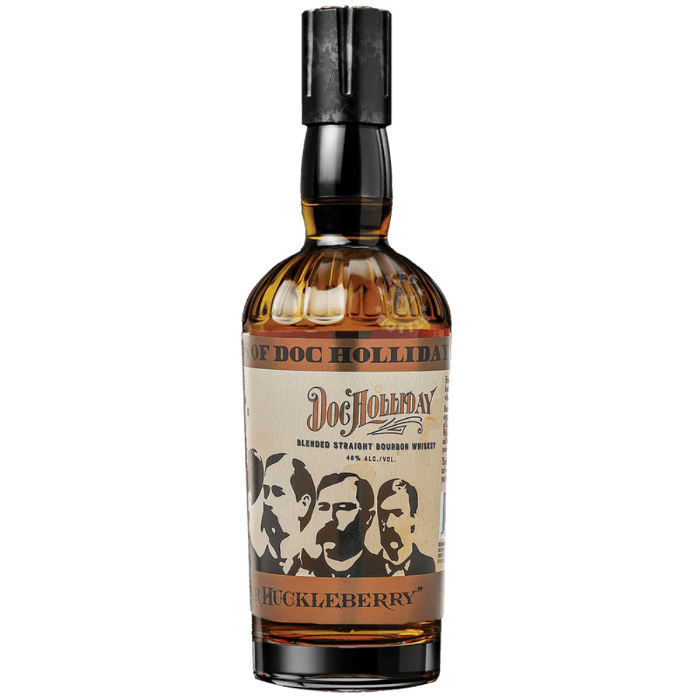 Doc Holliday Huckleberry blended bourbon whiskey bottle with western themed label featuring historic figures
