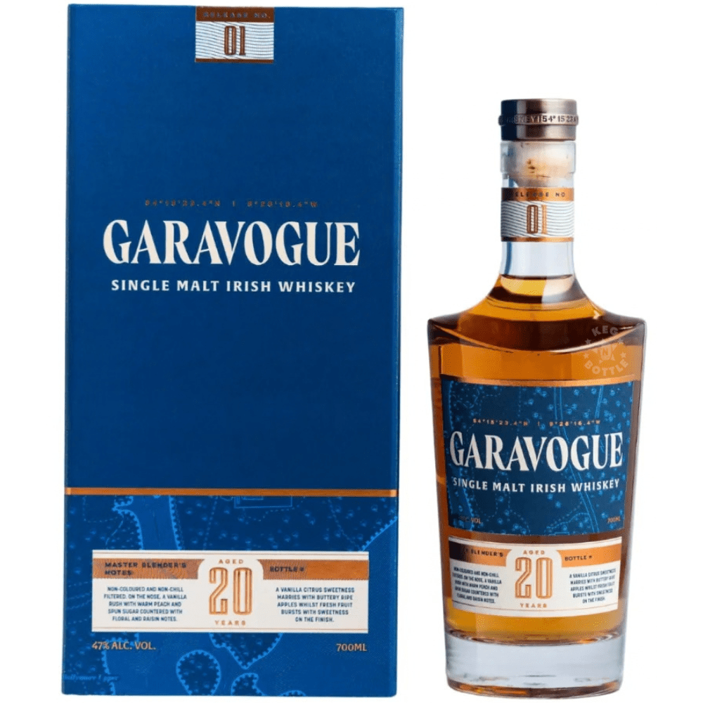 Garavogue 20 Year Old Single Malt Irish Whiskey 700mL bottle with rich amber whiskey, elegant blue label, 20-year age statement, and matching premium blue presentation gift box.