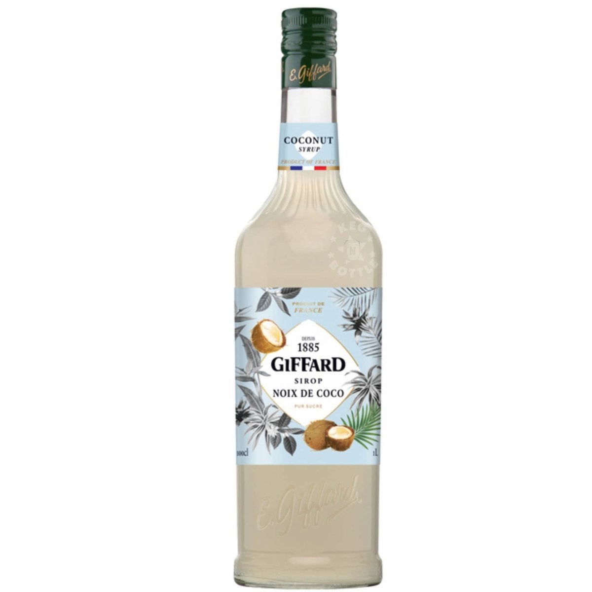 Giffard Coconut Syrup bottle 1L, French syrup with tropical flavor.