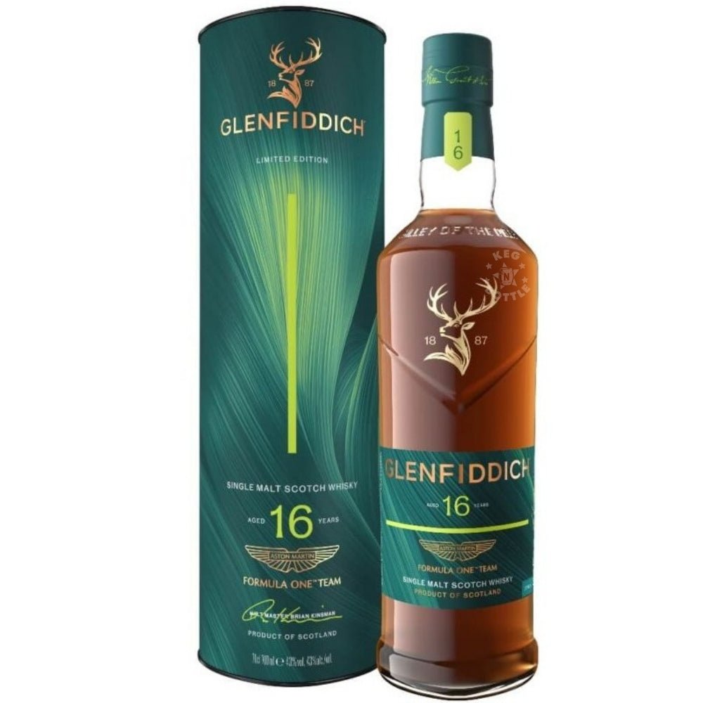 Glenfiddich 16 Year Old Aston Martin Formula One Team Limited Edition Release No. 2 750mL Single Malt Scotch Whisky bottle with presentation tube.