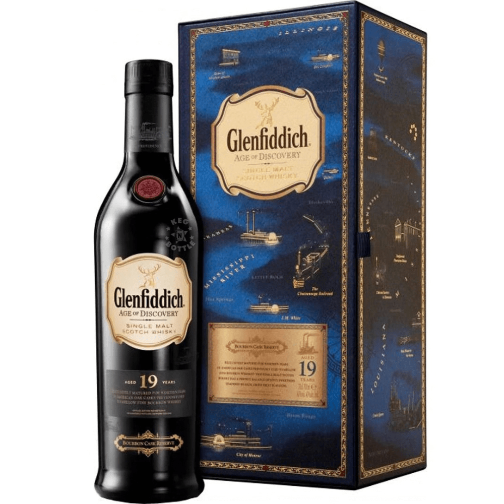 Glenfiddich 19 Year Age of Discovery Bourbon Cask Reserve Single Malt Scotch Whisky 750mL bottle with presentation box.