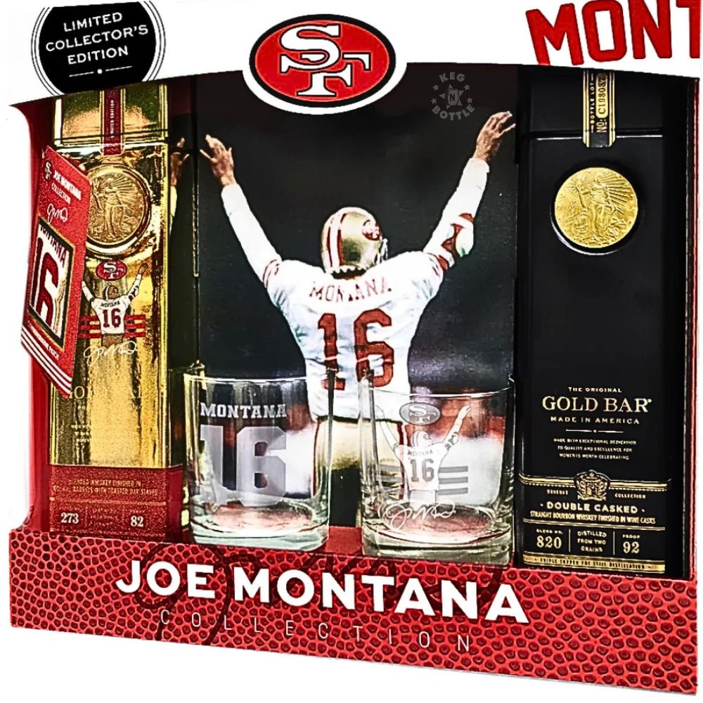 Gold Bar Joe Montana Season Kickoff Collection with two whiskey bottles.