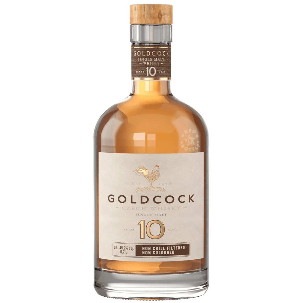 Gold Cock 10 Year Single Malt Whisky 700mL bottle from the Czech Republic, non-chill filtered and non-coloured, bottled at 49.2% ABV.
