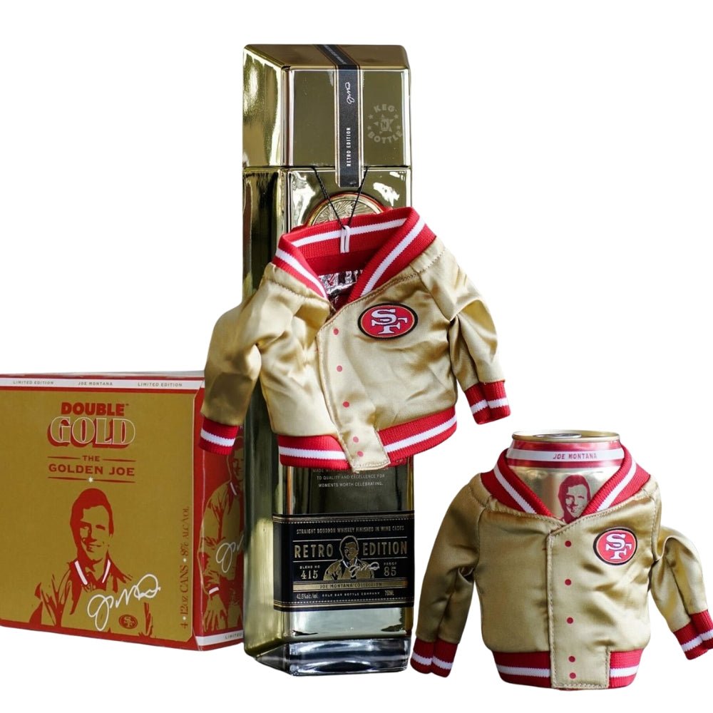 Golden Joe Double Gold Whiskey bottle and RTD cans with San Francisco 49ers-inspired jackets – Limited Edition Collector’s Set.