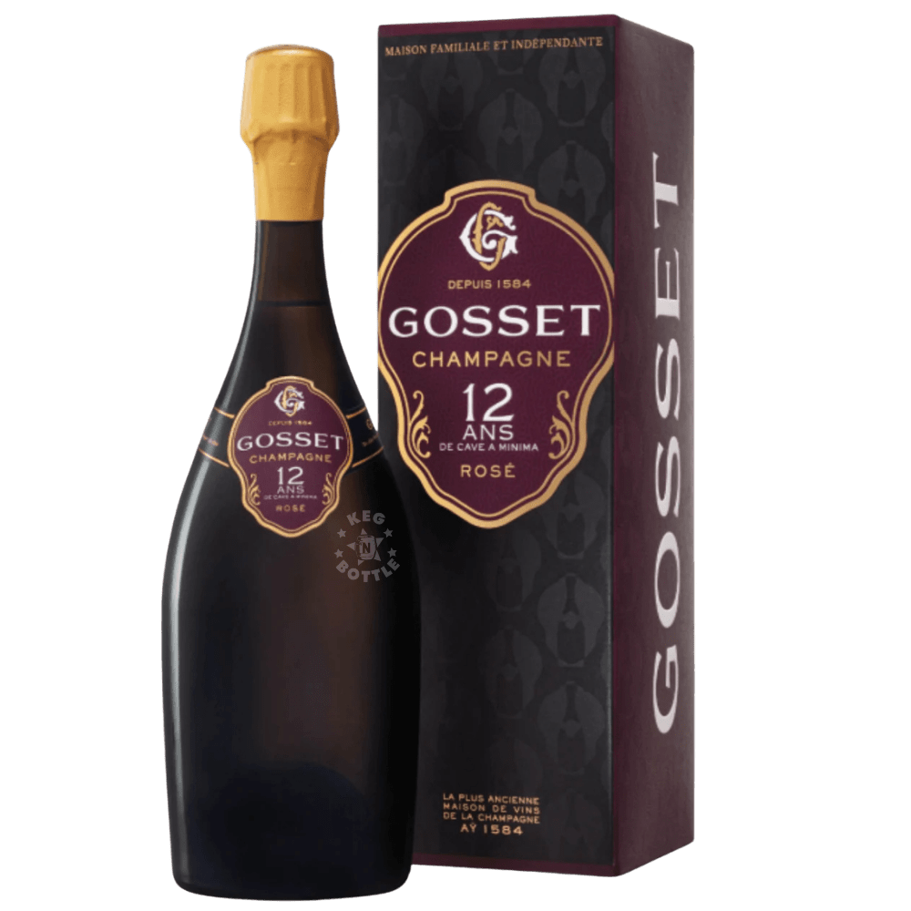 Gosset 12 Ans de Cave a Minima Rosé Champagne 750mL dark antique-style bottle with burgundy and gold label, presented with a black Gosset gift box.