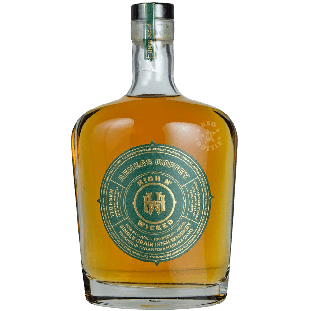 High N' Wicked Aeneas Coffey Single Grain Irish Whiskey 750mL bottle featuring golden amber whiskey, a rounded glass design, and an ornate green and gold label.