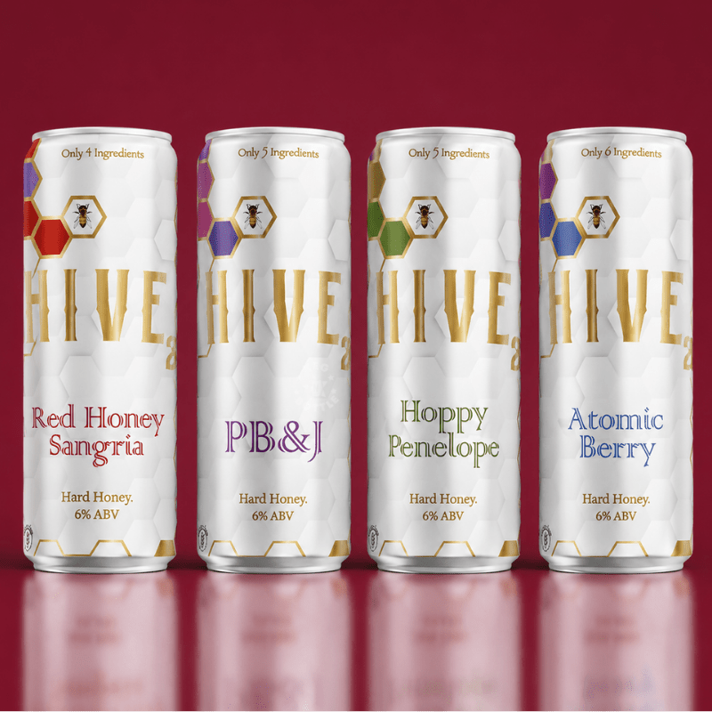 Hive Hard Honey Variety Bundle featuring Red Honey Sangria, PB&J, Hoppy Penelope, and Atomic Berry 355mL cans. 2