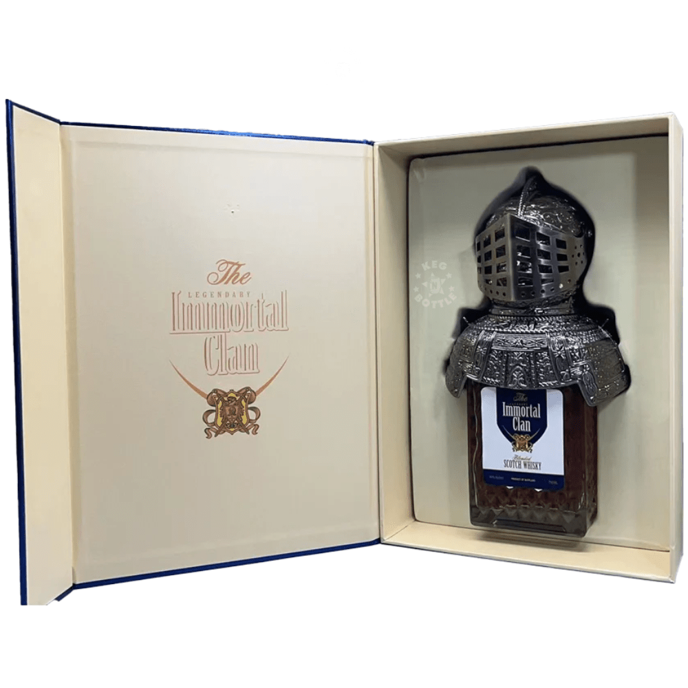 Immortal Clan Scotch Whisky Knight Edition Gift Set 750mL in collectible medieval knight helmet presentation case.