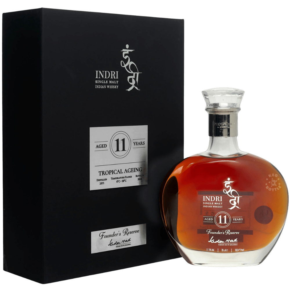 Indri Founder’s Reserve 11 Year Tropical Aging Extremely Limited Edition Indian Single Malt Whisky 750mL bottle with presentation box.