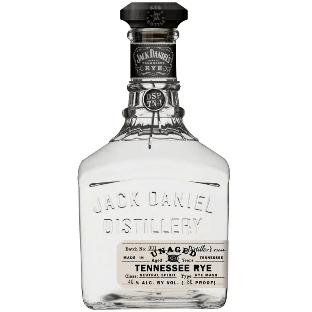 Jack Daniel’s Unaged Tennessee Rye Batch No. 001 750mL bottle at 40% ABV and 80 proof.