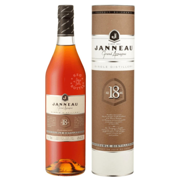 A bottle of Janneau 18 Year Grand Armagnac with tube packaging