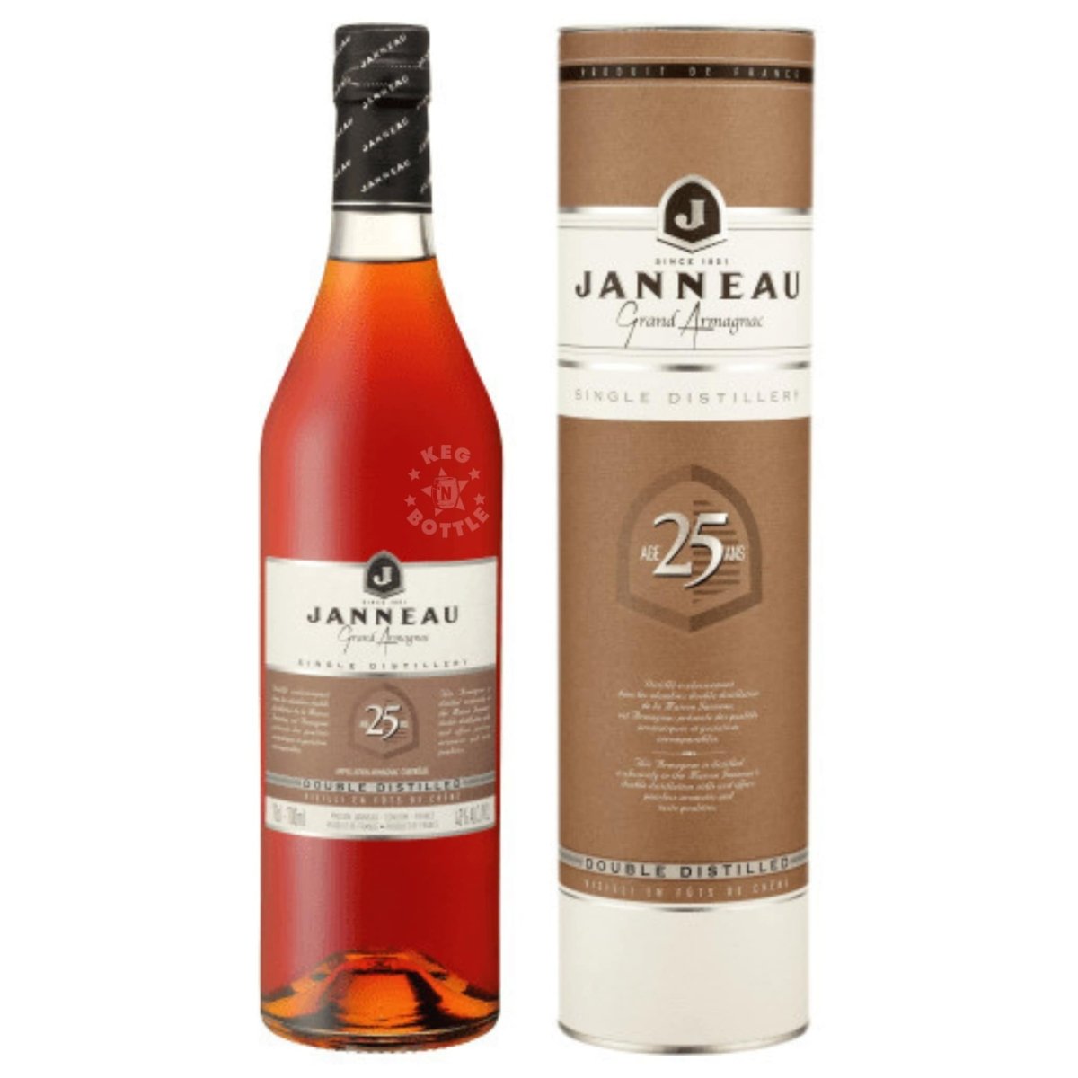 A bottle of Janneau 25 Year Grand Armagnac with tube packaging