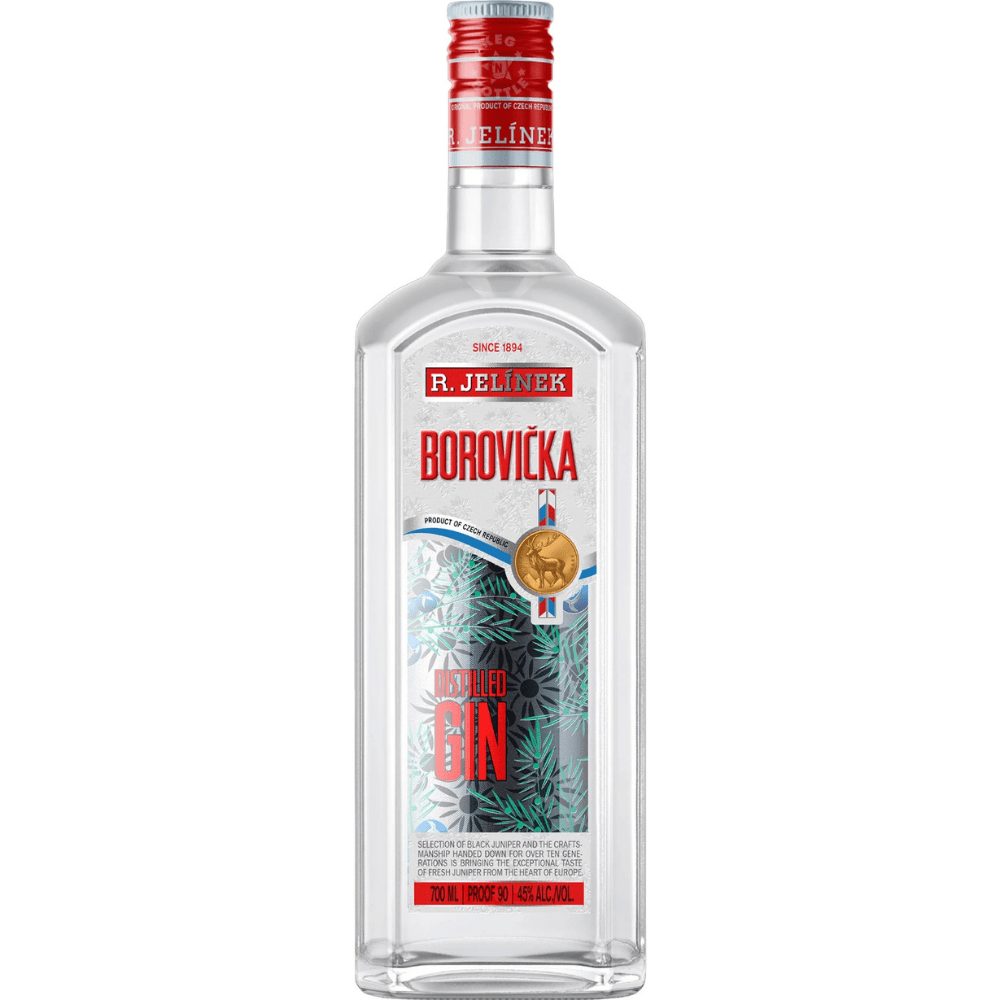 Jelinek Gin Borovicka 90 Proof 700mL bottle from R. Jelinek, a traditional Czech juniper spirit bottled at 45% ABV.