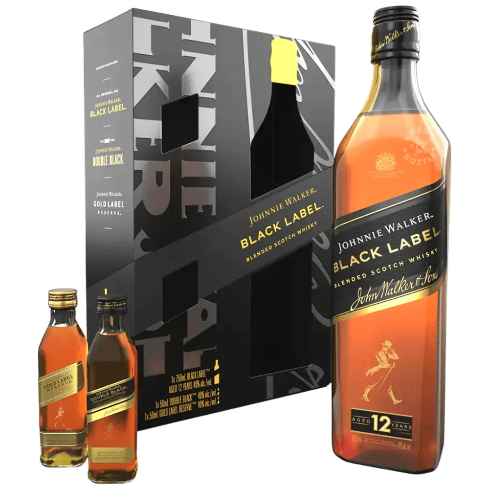 Johnnie Walker Black Label 12 Year gift pack with 750mL Black Label bottle and 50mL Double Black and Gold Label Reserve mini bottles.