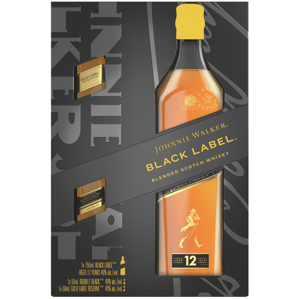 Johnnie Walker Black Label 12 Year gift pack with 750mL Black Label bottle and 50mL Double Black and Gold Label Reserve mini bottles. 2