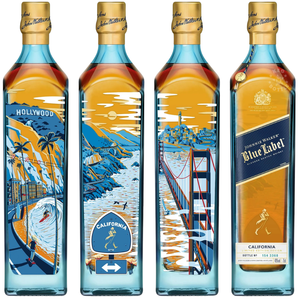 Johnnie Walker Blue Label California Limited Edition Blended Scotch Whisky 750mL with exclusive California-themed collector's gift box featuring Golden Gate Bridge and Hollywood artwork. 2