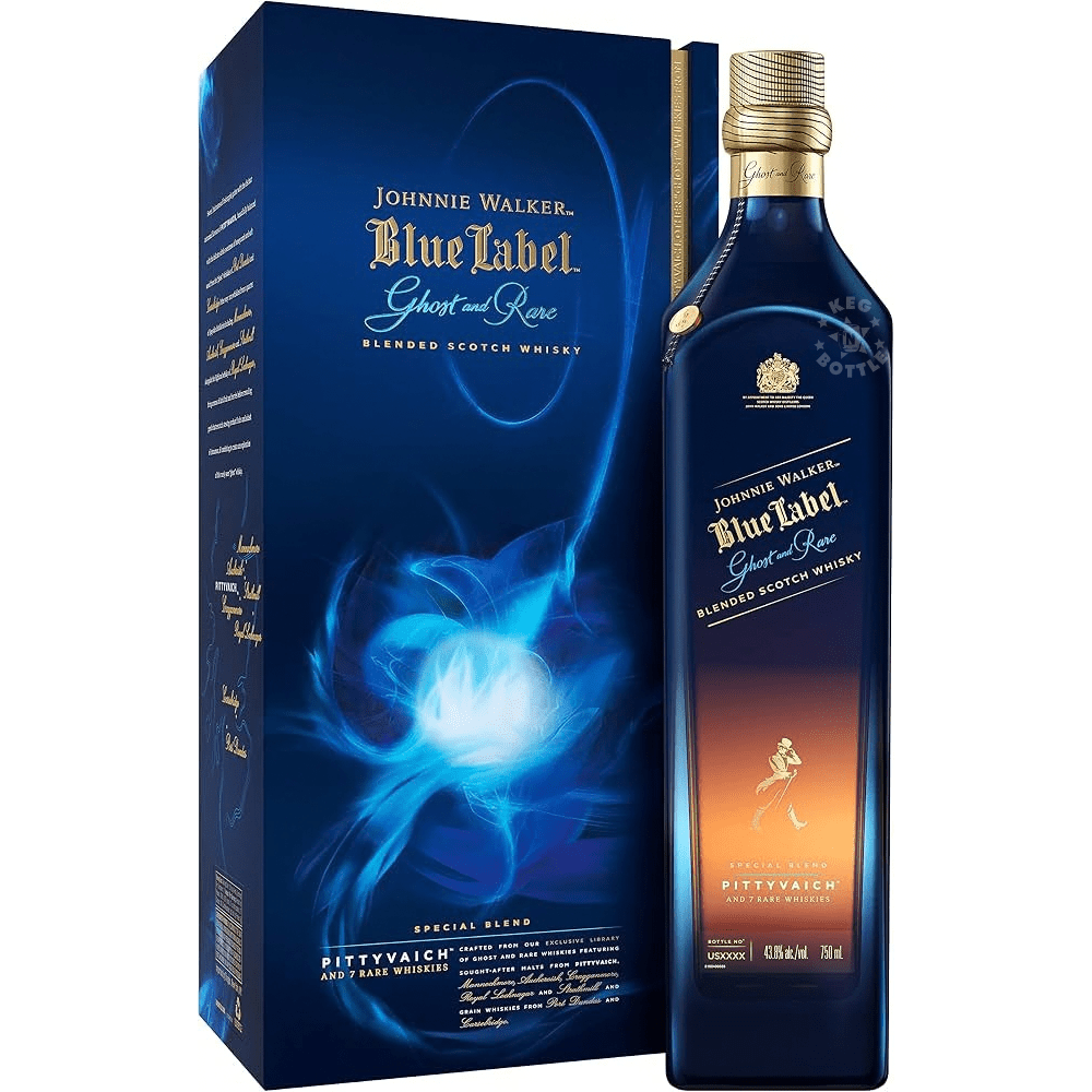 Johnnie Walker Blue Label Ghost and Rare Pittyvaich Blended Scotch Whisky 750mL bottle with presentation box.