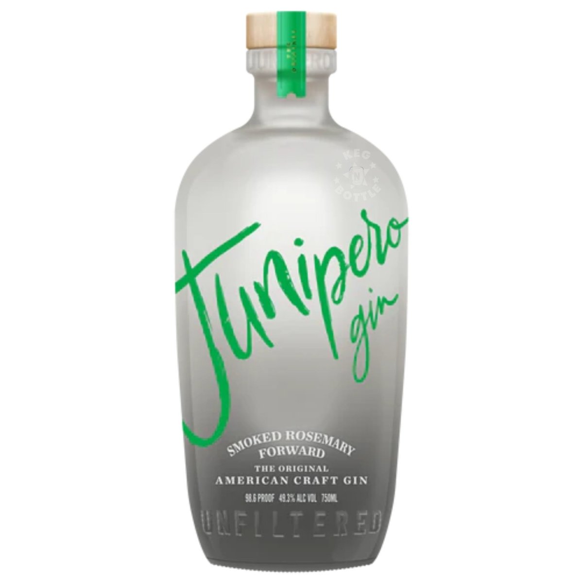 A 750 ml bottle of Junipero Smoked Rosemary Gin with a frosted glass finish
