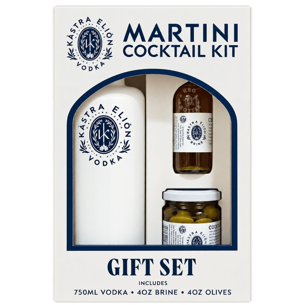 Kastra Elion Vodka Martini Cocktail Kit Gift Set featuring a white gift box with a 750mL vodka bottle, 4oz olive brine bottle, and 4oz cocktail olives jar.