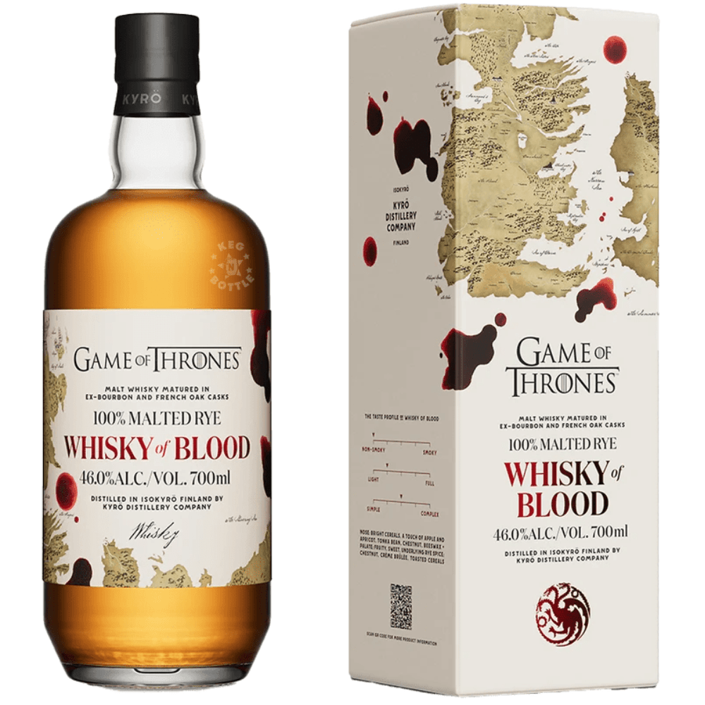 Kyrö Game of Thrones Whisky of Blood 100% Malted Rye Whisky 700mL bottle with collectible Game of Thrones presentation box, matured in ex-bourbon and French oak casks and bottled at 46.8% ABV.