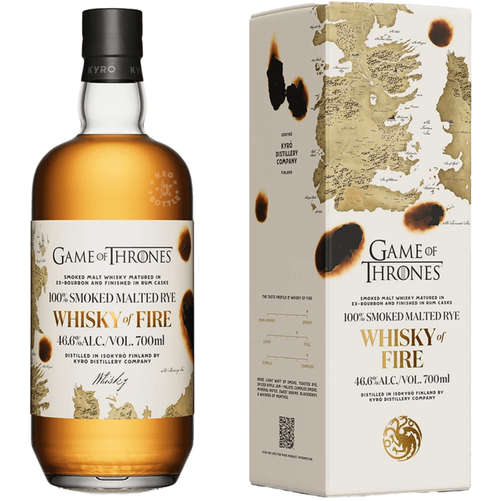 Kyrö Game of Thrones Whisky of Fire 100% Smoked Malted Rye Whisky 700mL bottle with collectible Game of Thrones presentation box, produced in Finland and bottled at 46.8% ABV.
