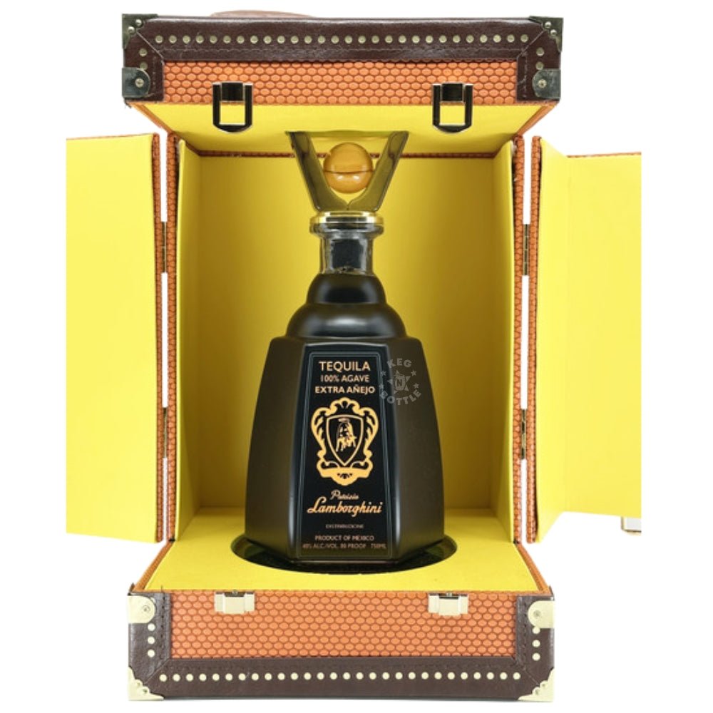 Lamborghini Tequila Extra Añejo 750ml in luxury trunk-style gift box with black decanter