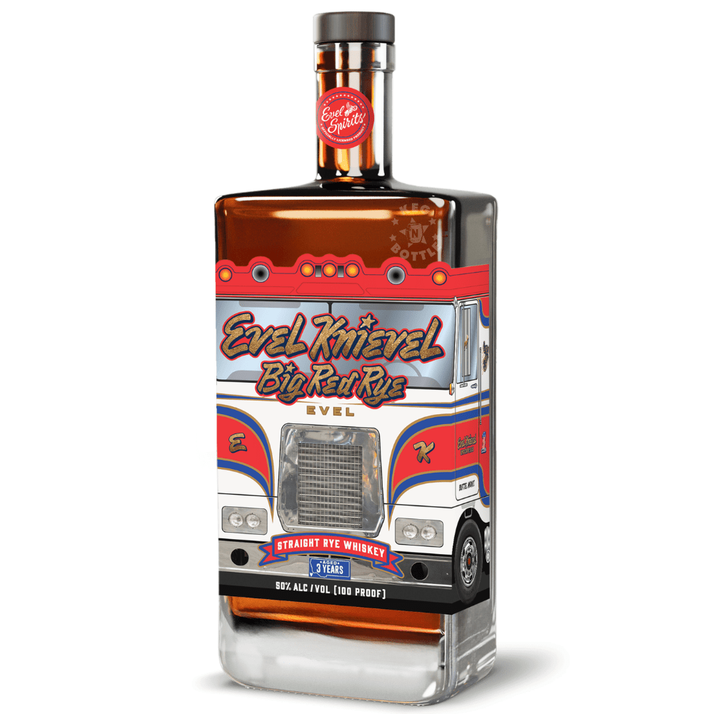 Evel Knievel Big Red Rye Straight Rye Whiskey 750mL bottle, aged 3 years and bottled at 100 proof with collectible Big Red hauler artwork.