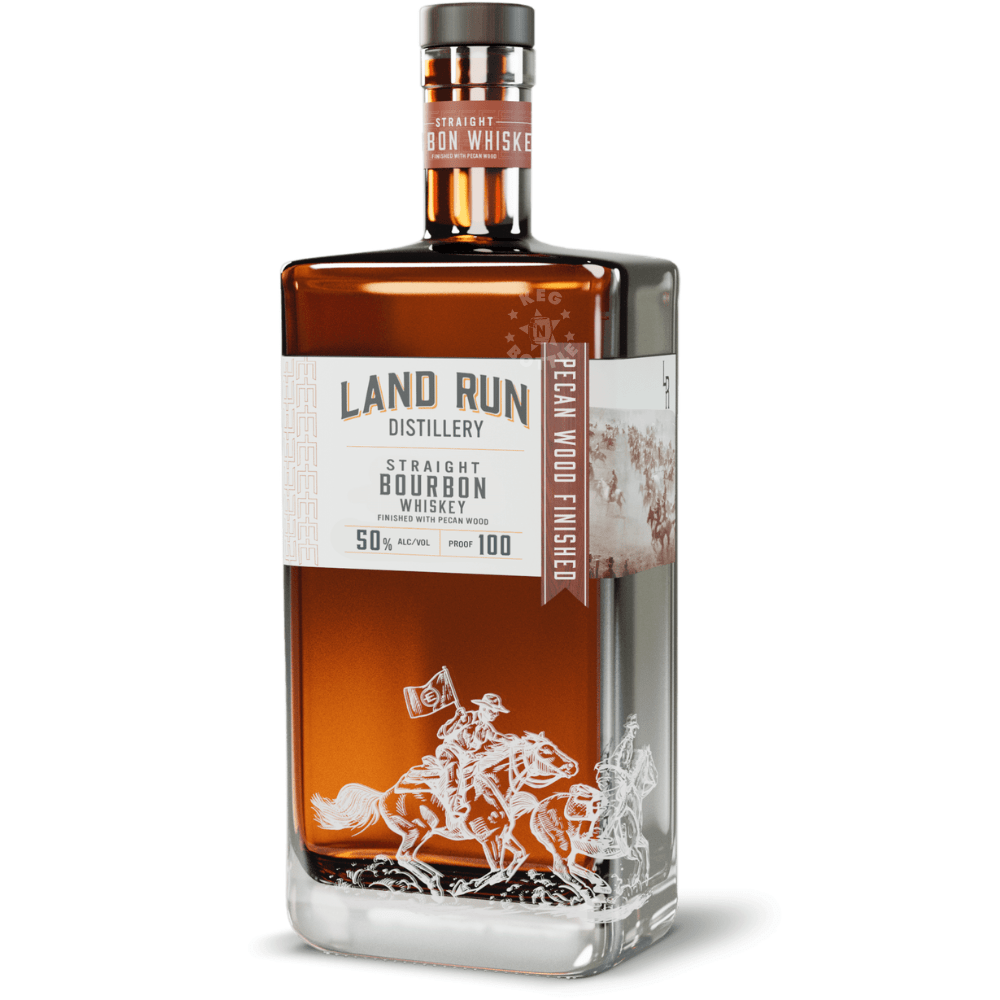 Land Run Pecan Wood Finished Straight Bourbon Whiskey 750mL bottle at 50% ABV and 100 proof.
