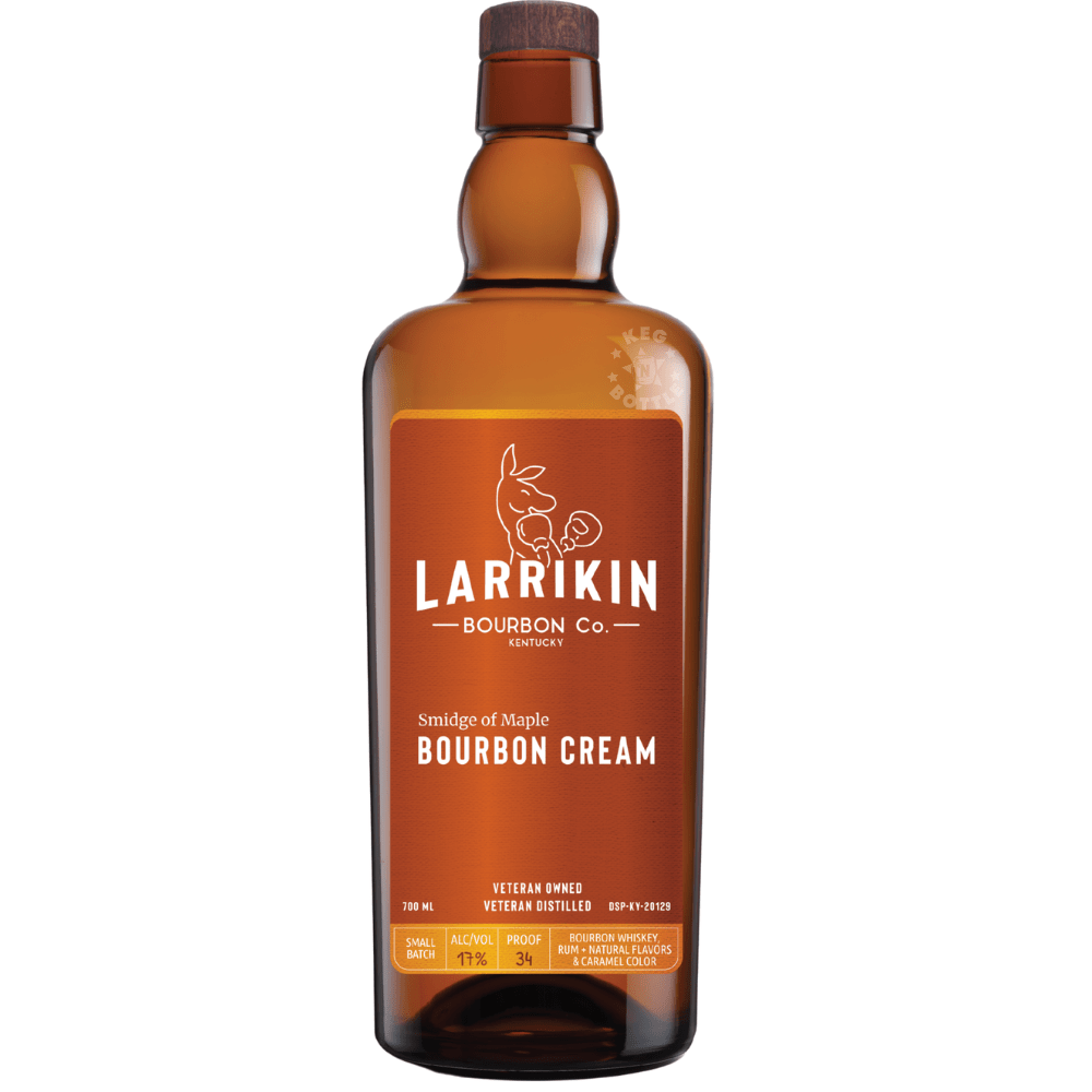 Larrikin Smidge of Maple Bourbon Cream Small Batch 750mL bottle featuring amber-colored bourbon cream, an orange label, and Larrikin Bourbon Co. branding.