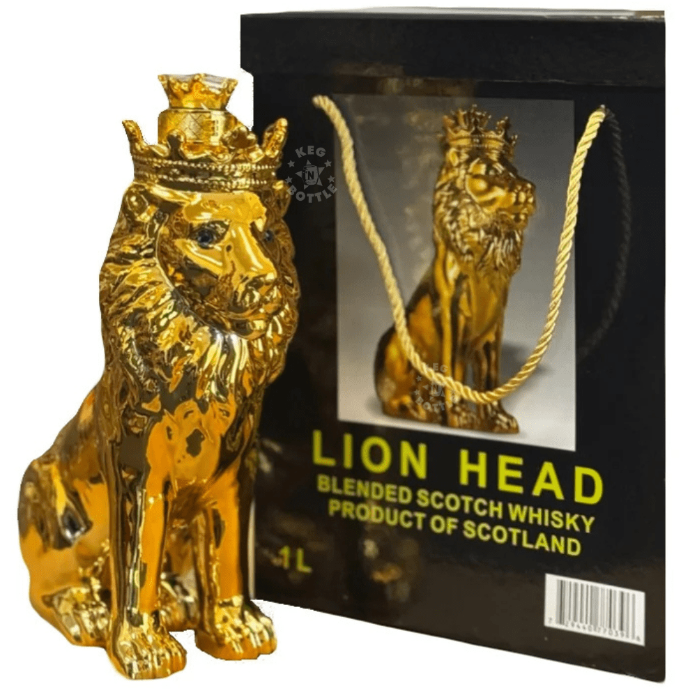 Lion Head Blended Scotch Whisky 1L in collectible gold lion-shaped ceramic decanter with premium gift box.
