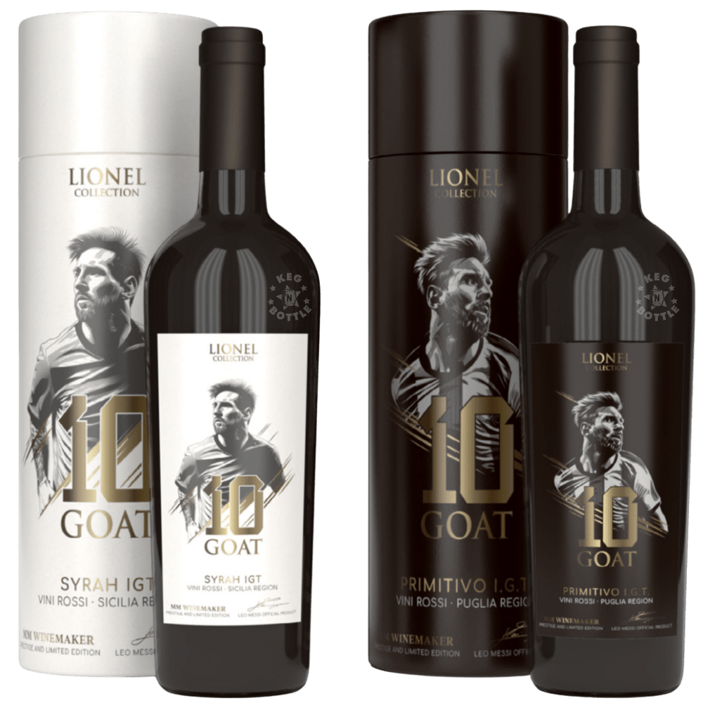 Lionel Collection 10 GOAT Italian red wine bundle featuring Syrah Sicilia and Primitivo Puglia bottles with collectible gift tubes