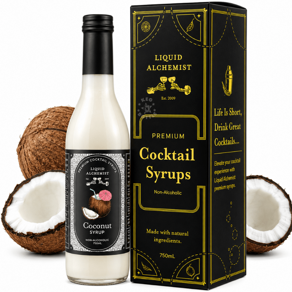 Bottle of Liquid Alchemist Coconut Syrup non-alcoholic cocktail mixer with coconut artwork and premium black label design