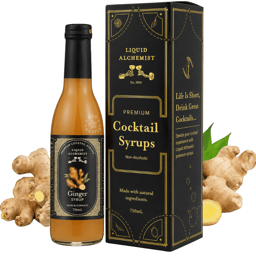 Bottle of Liquid Alchemist Ginger Syrup non-alcoholic cocktail mixer with ginger root artwork and black premium label design