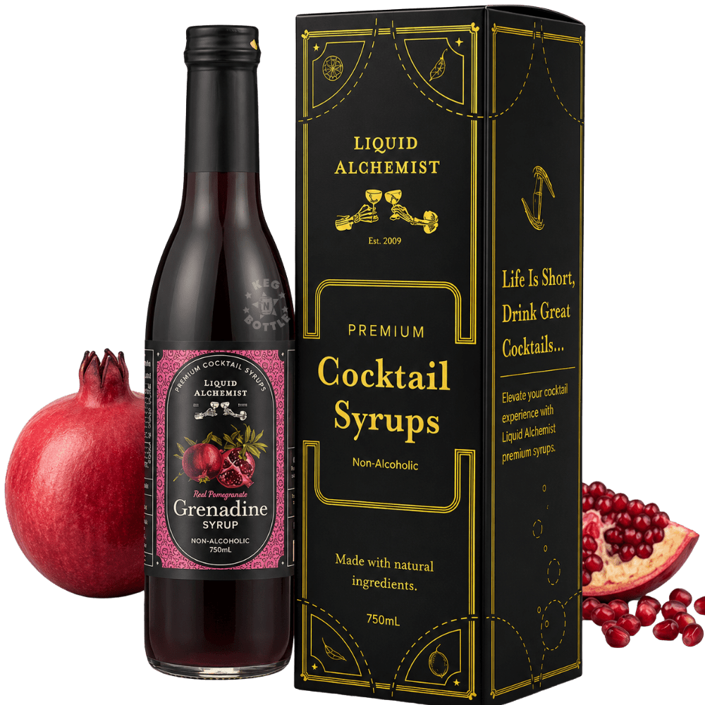 Bottle of Liquid Alchemist Real Pomegranate Grenadine Syrup with pomegranate artwork and premium black label design