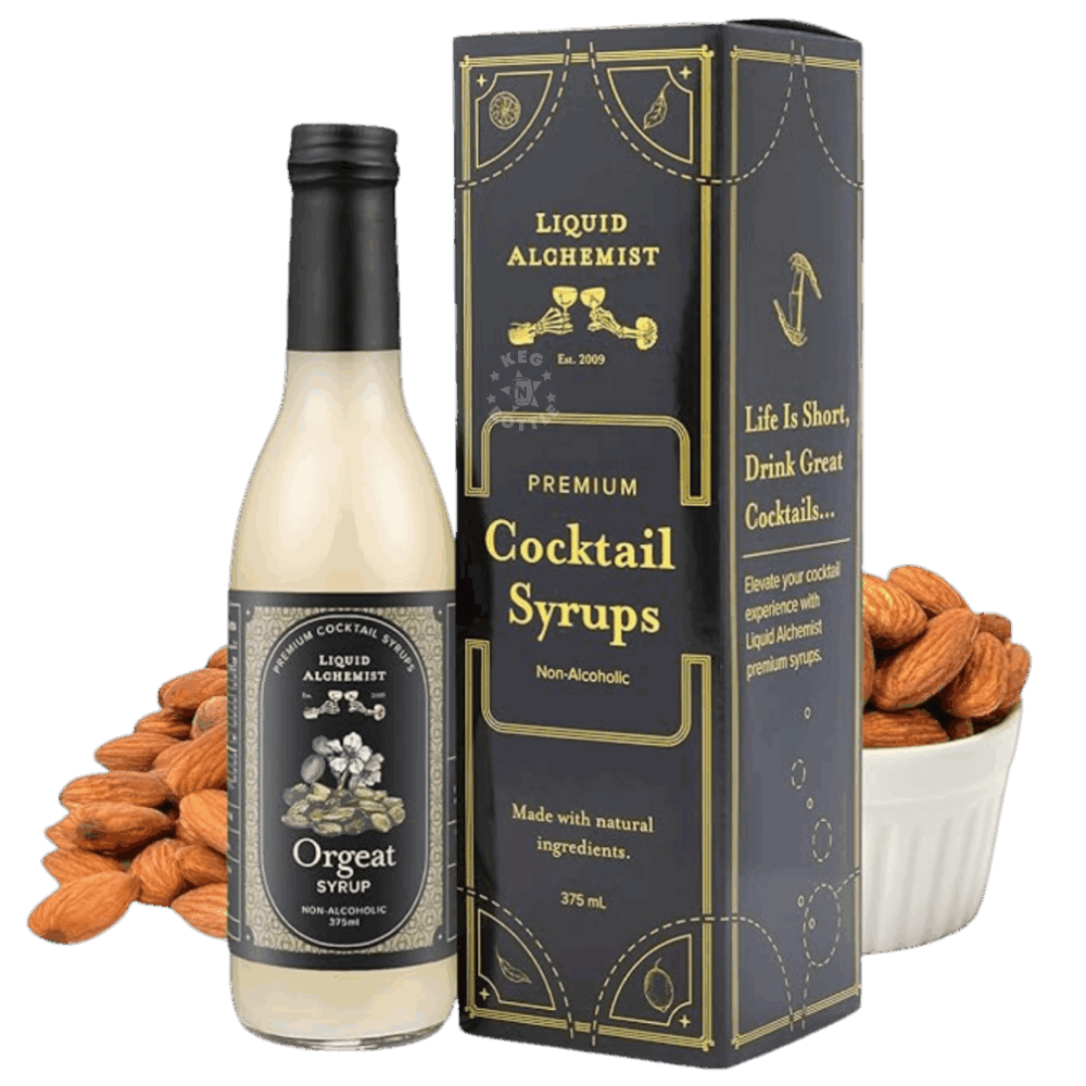Bottle of Liquid Alchemist Orgeat Syrup non-alcoholic almond cocktail mixer with almond artwork and premium black label design