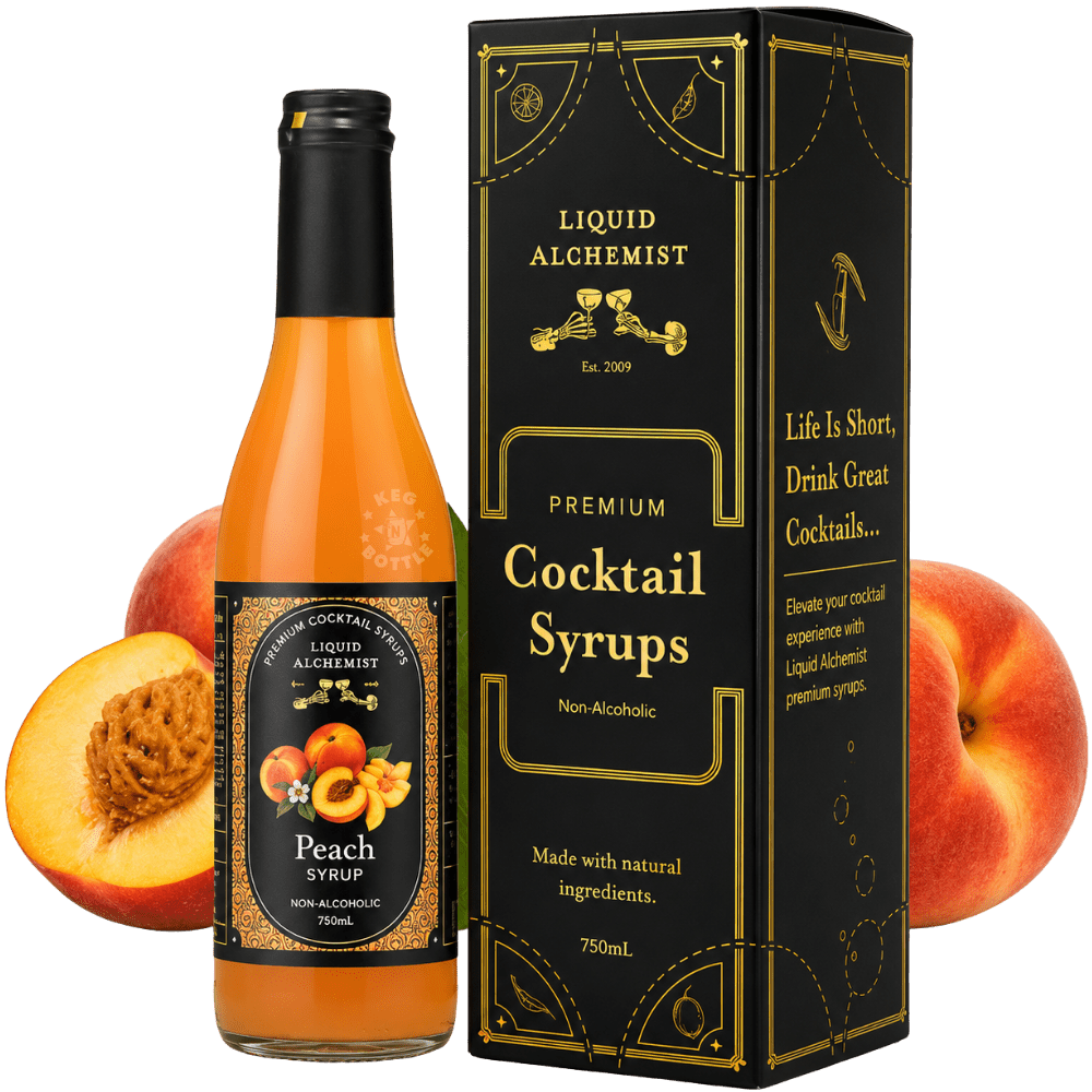 Bottle of Liquid Alchemist Peach Syrup non-alcoholic cocktail mixer with peach artwork and black premium label design