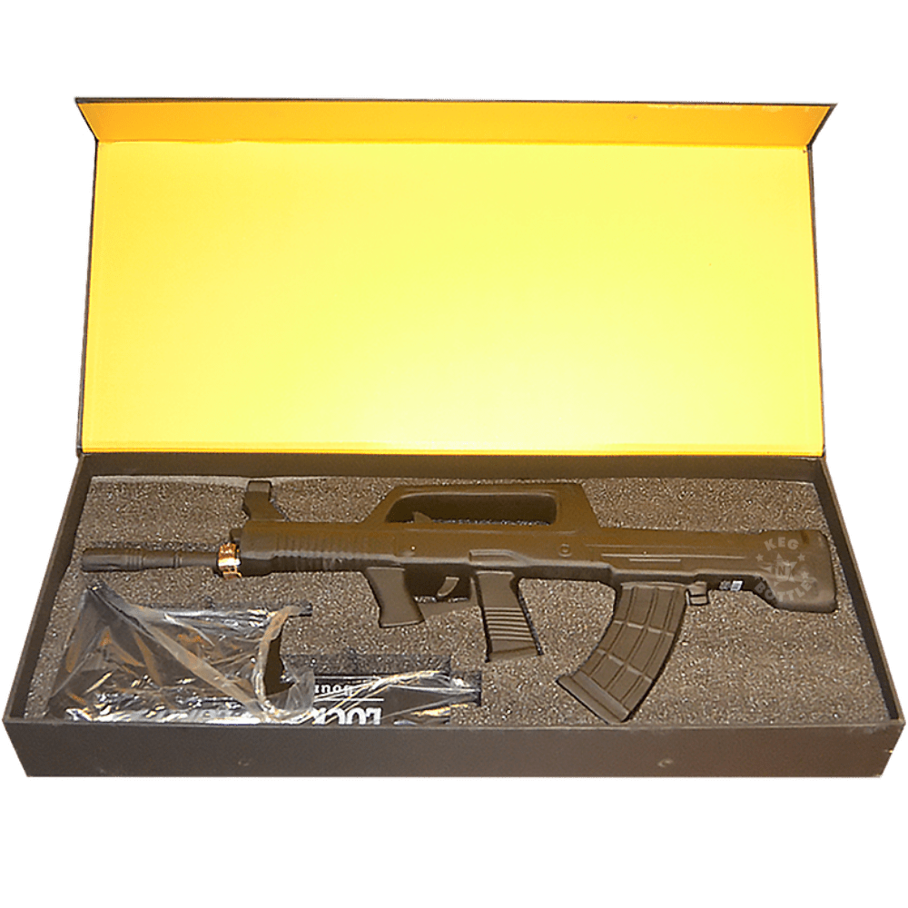 Lock & Load Bullpop Gun Collector's Edition Bourbon Whiskey 1.75L in a distinctive bullpup-style gun-shaped bottle with display stand and presentation box. 2