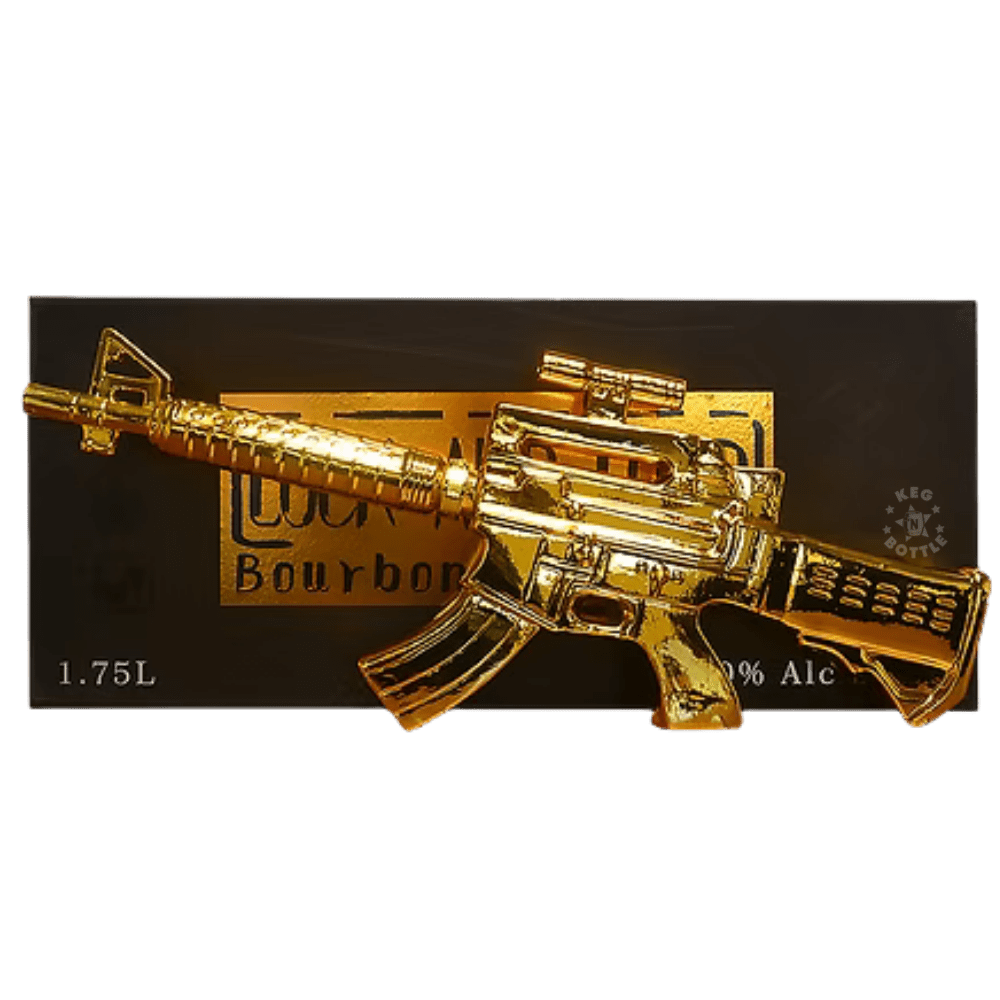 Lock & Load Carbine Gun Collector's Edition Bourbon Whiskey 1.75L in a distinctive carbine-shaped collectible bottle with presentation box. 3