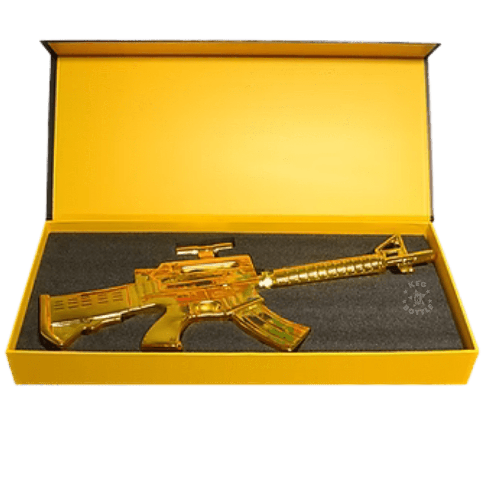 Lock & Load Carbine Gun Collector's Edition Bourbon Whiskey 1.75L in a distinctive carbine-shaped collectible bottle with presentation box. 2