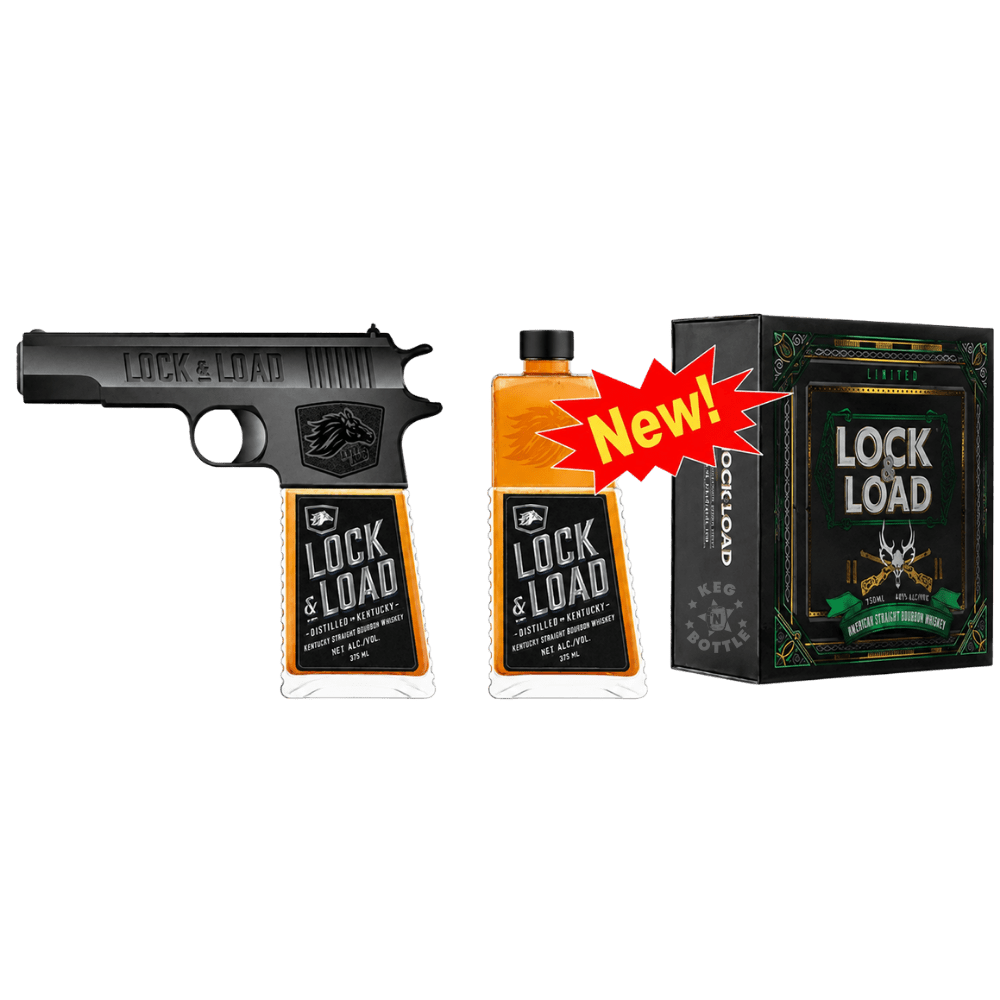 Lock & Load Pistol Straight Bourbon Whiskey 375mL featuring a distinctive black pistol-inspired design with bourbon-filled grip.