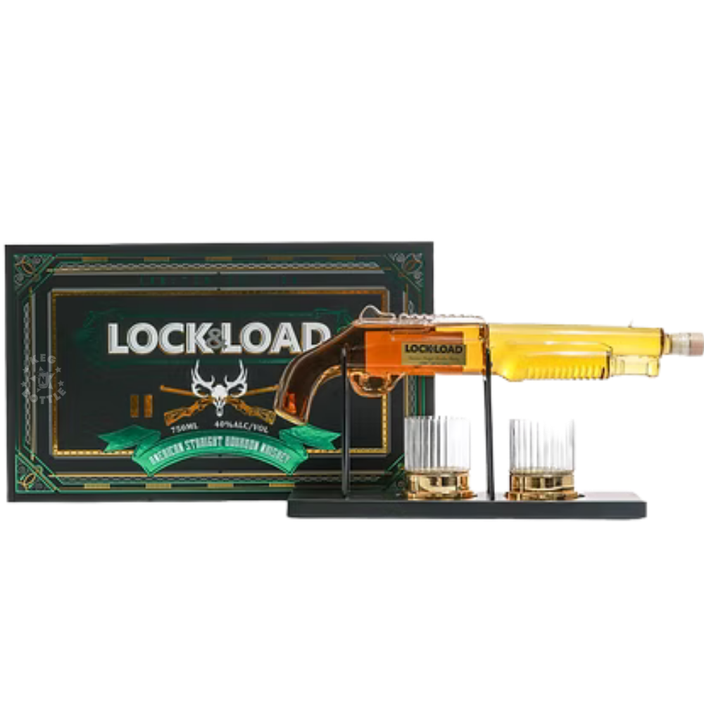 Lock & Load Shotgun Gift Set with 80-proof Straight Bourbon Whiskey decanter, black display stand, two shotgun shell-inspired whiskey glasses, and limited-edition presentation box. 2