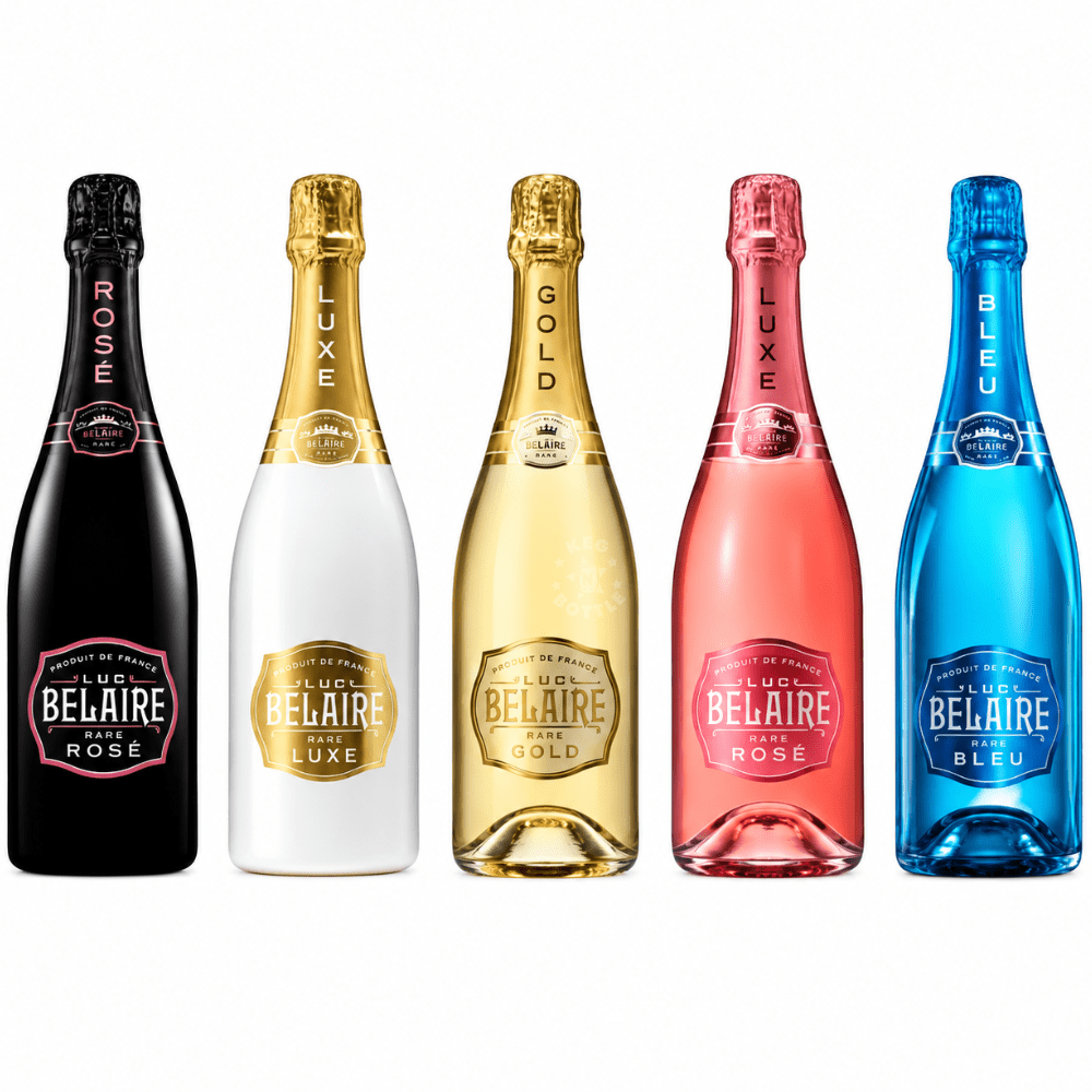 Luc Belaire 5-bottle variety combo pack with Brut Gold, Rare Rosé, Luxe Rosé, Rare Luxe and Edition Bleu 750mL bottles.