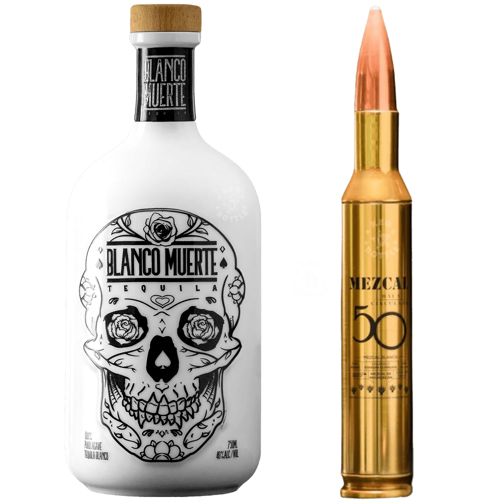 Mezcal Shot Bala bullet-shaped mezcal bottle with Blanco Muerte skull design tequila bottle bundle
