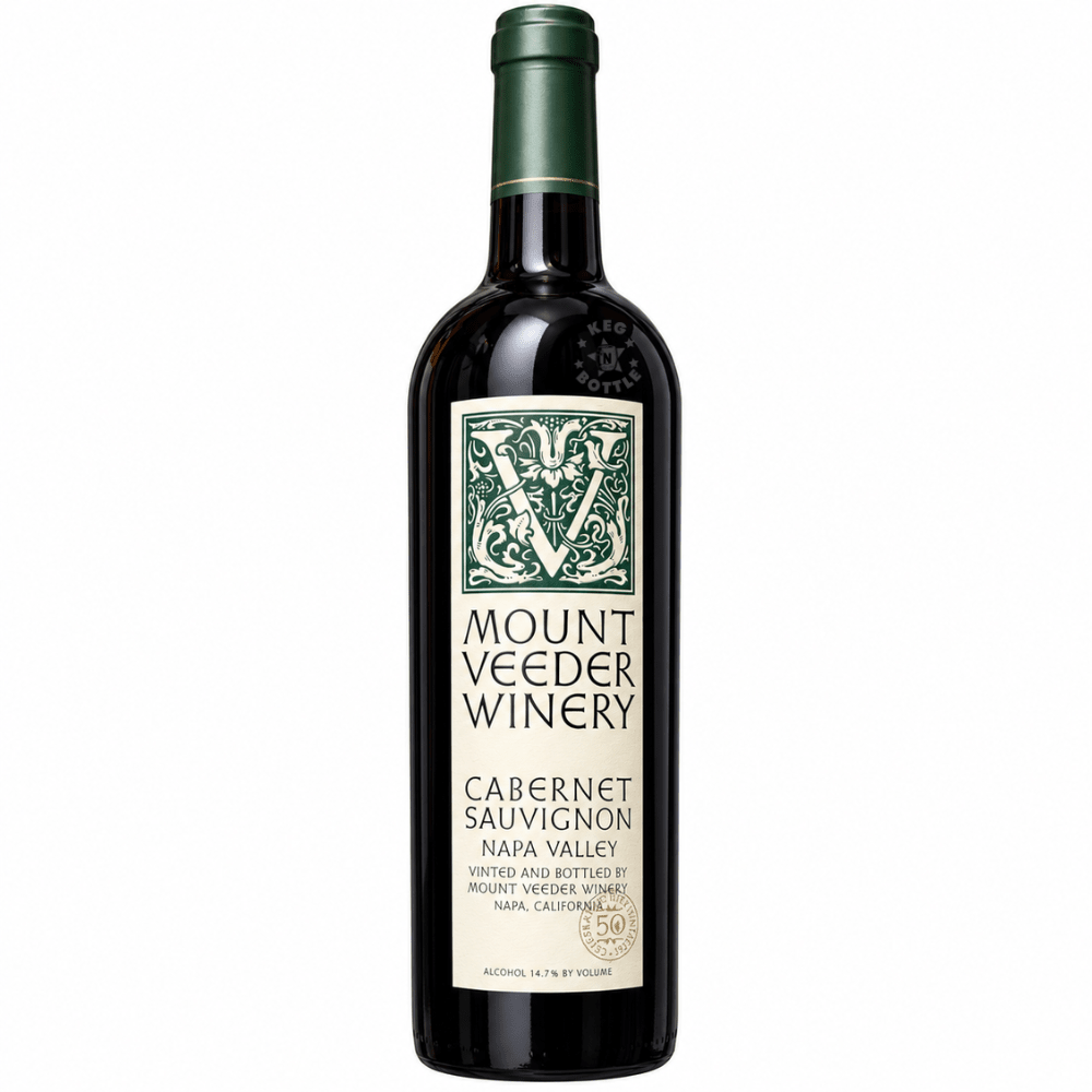 Mount Veeder Winery Cabernet Sauvignon Napa Valley 750mL red wine bottle featuring a dark green glass bottle, cream label, green Mount Veeder emblem, and 14.7% ABV.