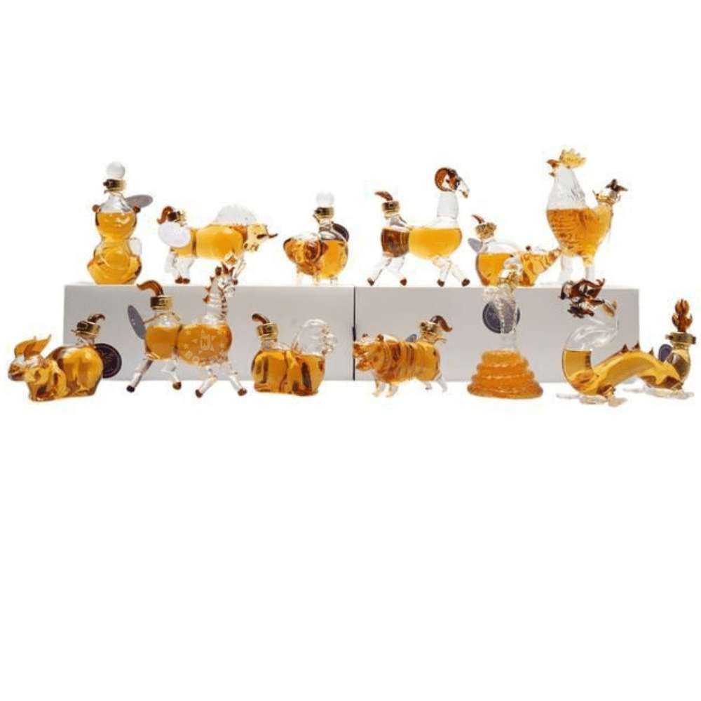 Napoleon Zodiac XO Brandy Gift Set featuring twelve collectible Chinese Zodiac glass bottles with French XO Brandy totaling 1.2L. 2