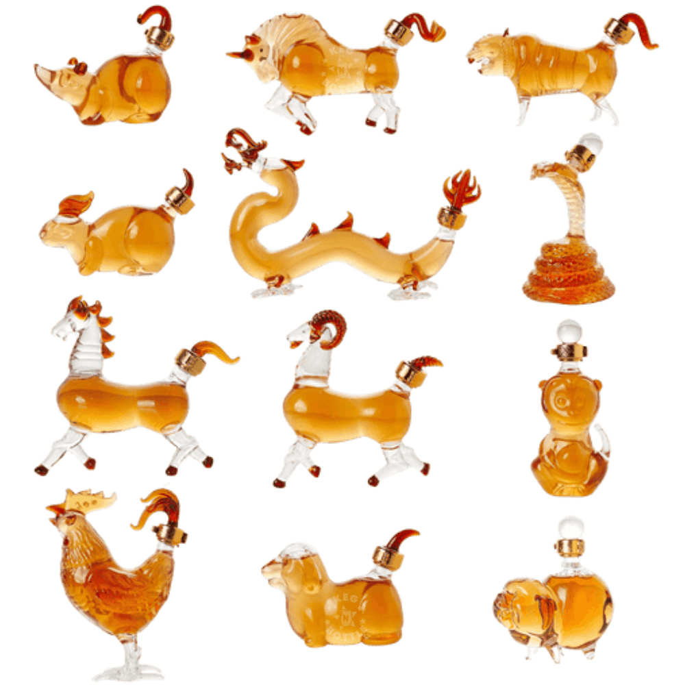 Napoleon Zodiac XO Brandy Gift Set featuring twelve collectible Chinese Zodiac glass bottles with French XO Brandy totaling 1.2L.