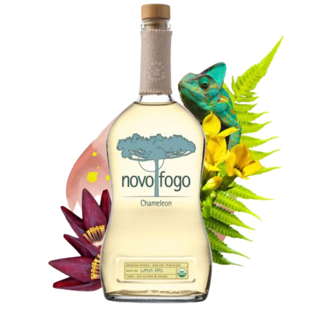 Bottle of Novo Fogo Chameleon Cachaça with tropical flowers, ferns, and a chameleon illustration