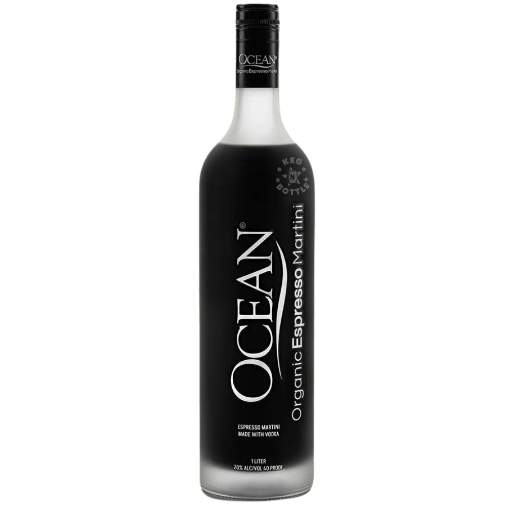 Bottle of Ocean Organic Espresso Martini ready-to-drink vodka cocktail with sleek black label design