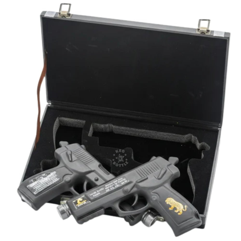 Oceano Azul Double Trouble Pistol Vodka gift set with two 200 ml pistol-shaped bottles in display case