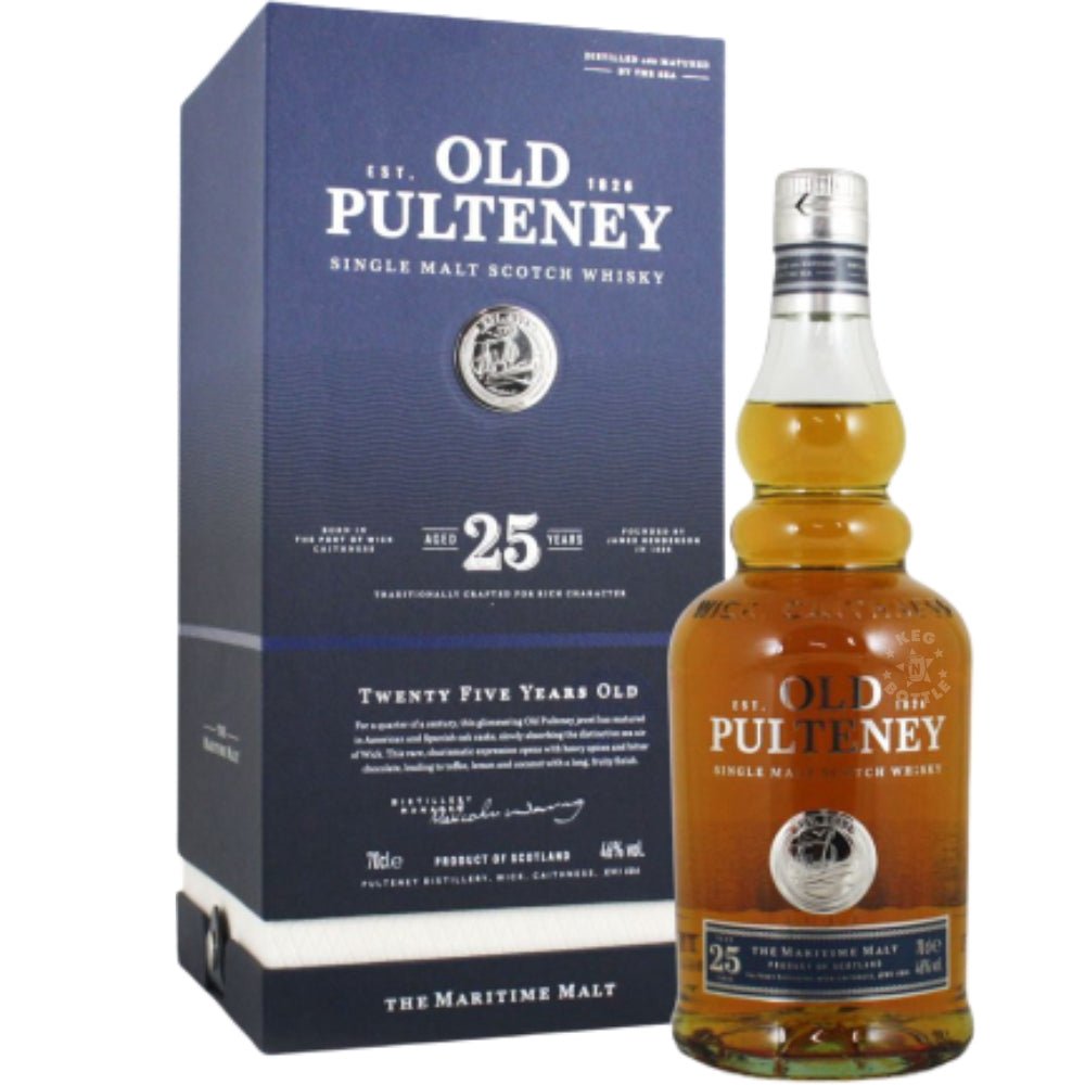 Bottle of Old Pulteney 25 Year Old Single Malt Scotch Whisky (750 ml) with packaging.